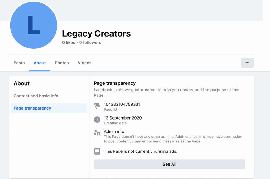 Screenshot of the "Legacy Creators" Facebook Page showing the creation date as 13 September 2020.